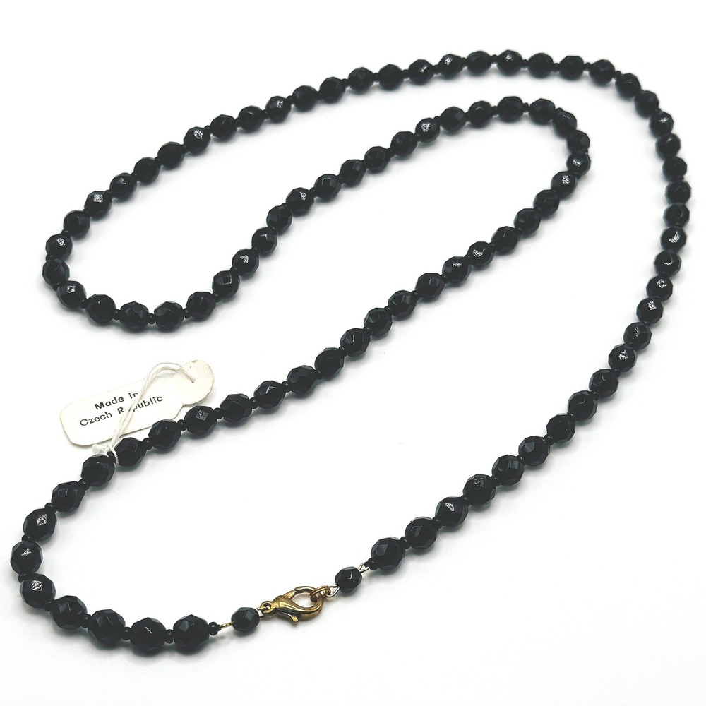 32" Czech Republic Black Faceted Glass Bead Necklace Long Strand Whimigoth